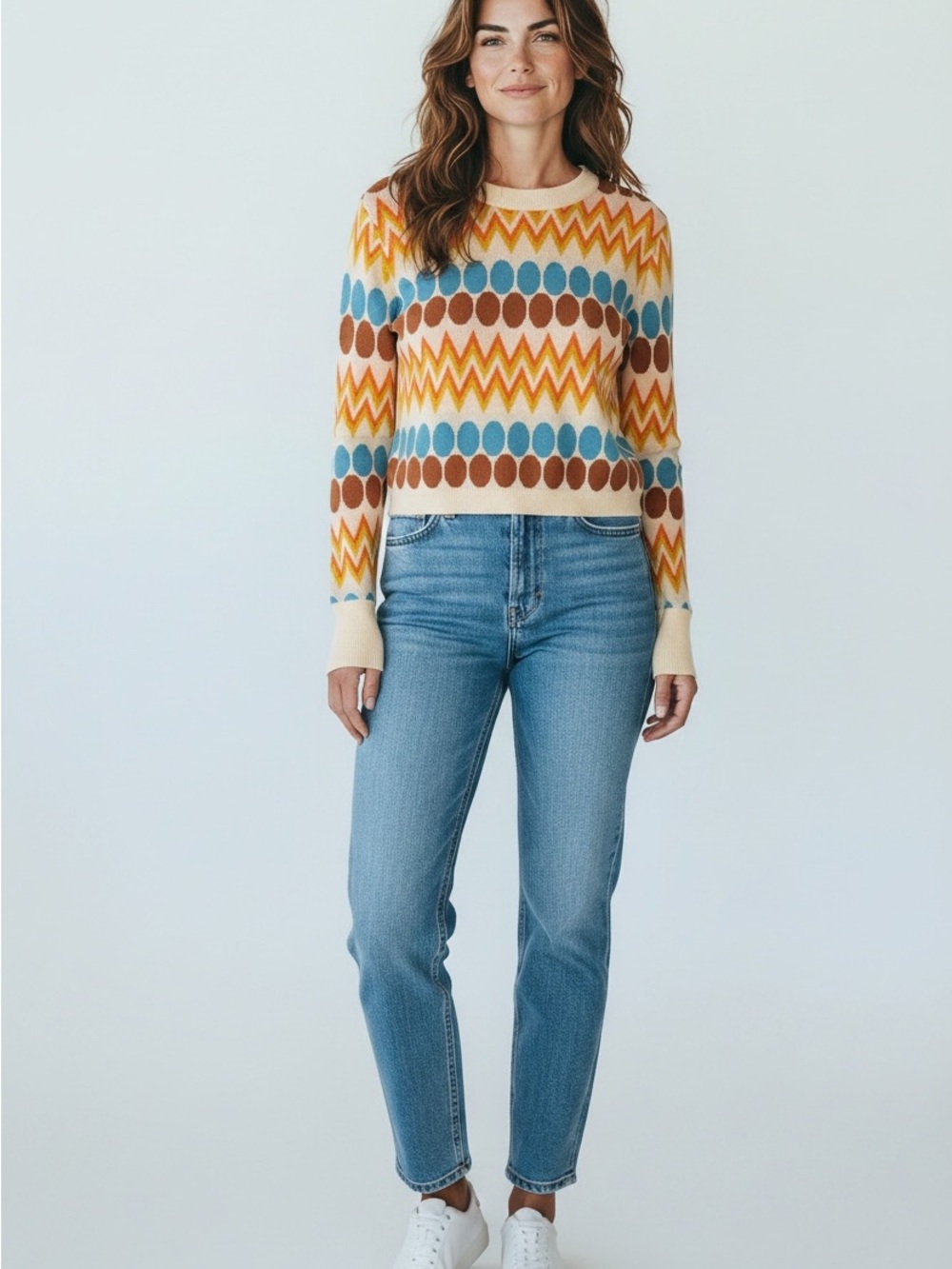 Women’s 70s style cropped sweater in cream, brown, blue and orange